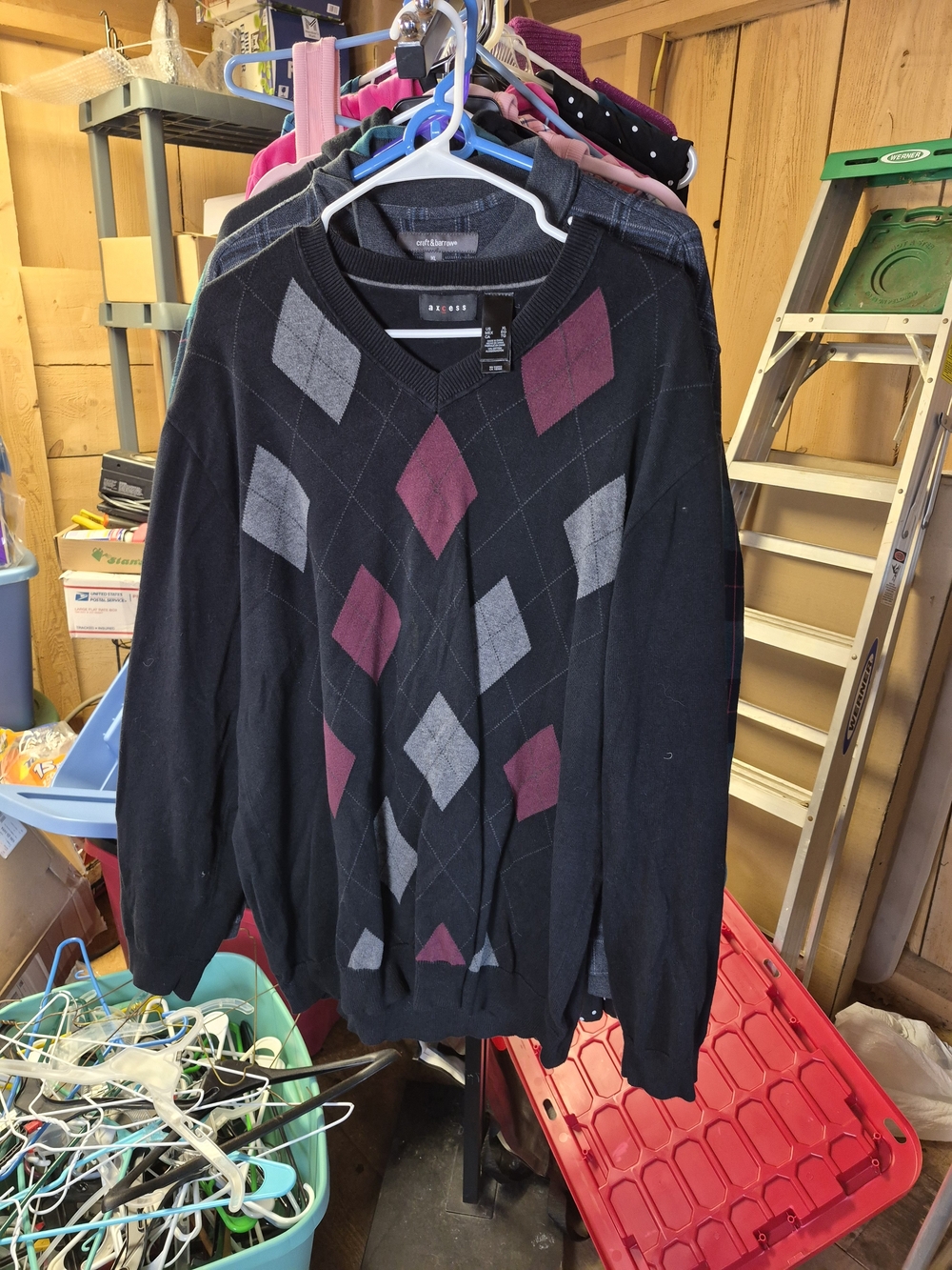 Axcess Black V-Neck Sweater with Burgundy & Gray Argyle Bin 66